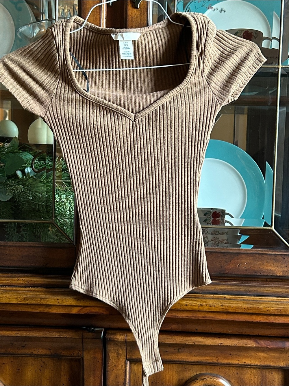 H&M Chocolate Ribbed V‑Neck Bodysuit